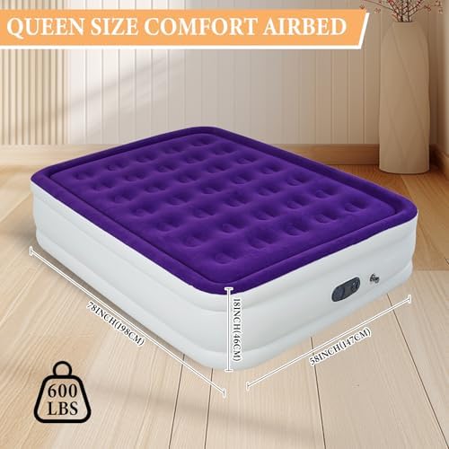 Queen Air Mattress with Built in Pump 18 Inch Velvet Top 3 Min Quick Inflation Waterproof 600 LB Capacity