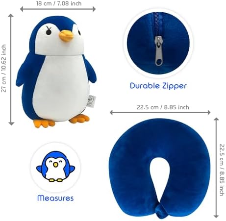 BelkVilo Small Compact Airplane Car Stroller Travel Pillow with Cute Penguin Plush for Kids Age 3