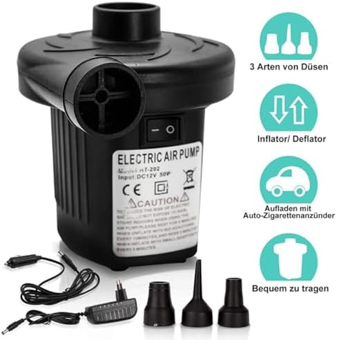 Electric Air Pump 2-in-1 with 3 Nozzles 230V 12V Multi-Freiburgger for Inflatable Mattresses Boats
