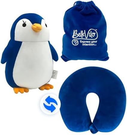 BelkVilo Small Compact Airplane Car Stroller Travel Pillow with Cute Penguin Plush for Kids Age 3