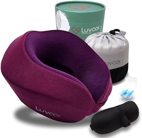Luvcor Premium Memory Foam Neck Pillow Bundle with Eye Mask and Earplugs - Royal Pink