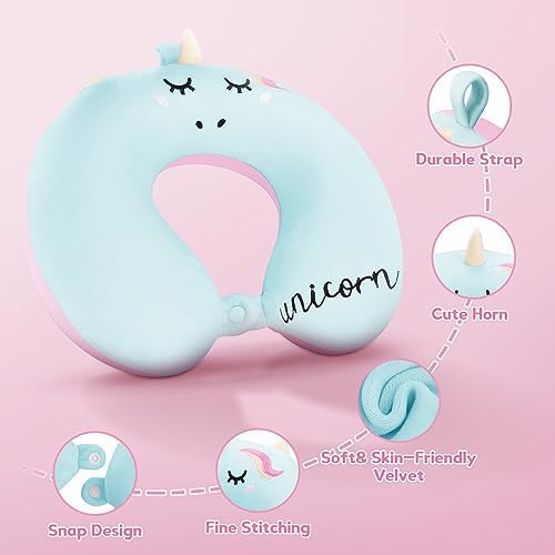 OBloved Memory Foam Toddler Neck Pillow with Unicorn Eye Mask for Travel