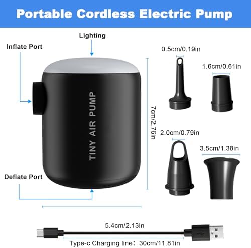Quellindra Dual Use Portable Air Pump for Inflatables Camping Rechargeable Air Pump with 4 Nozzles LED Camping Light