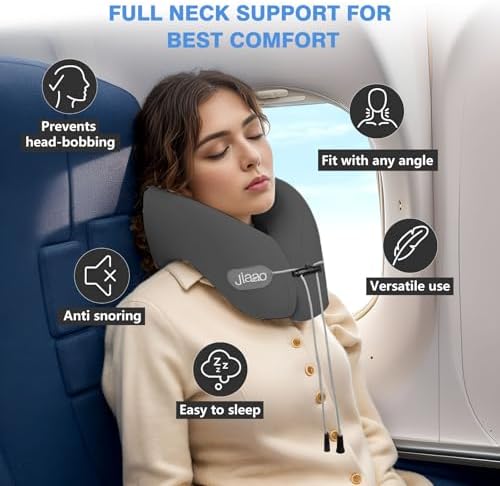JIAAO Travel Essential Memory Foam Neck Pillow 360 Support Airplane Car Train and Bus Trips