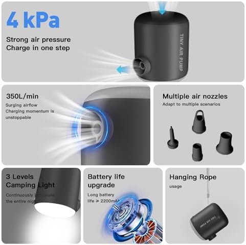 Quellindra Dual Use Portable Air Pump for Inflatables Camping Rechargeable Air Pump with 4 Nozzles LED Camping Light
