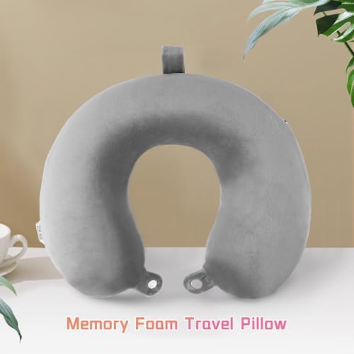 Nikou Memory Foam Travel Pillow for Airplanes Neck Support with Attachable Snap Strap and Washable Cover