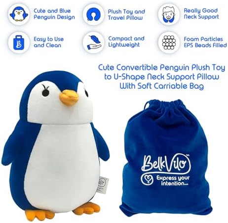 BelkVilo Small Compact Airplane Car Stroller Travel Pillow with Cute Penguin Plush for Kids Age 3