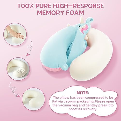 OBloved Memory Foam Toddler Neck Pillow with Unicorn Eye Mask for Travel