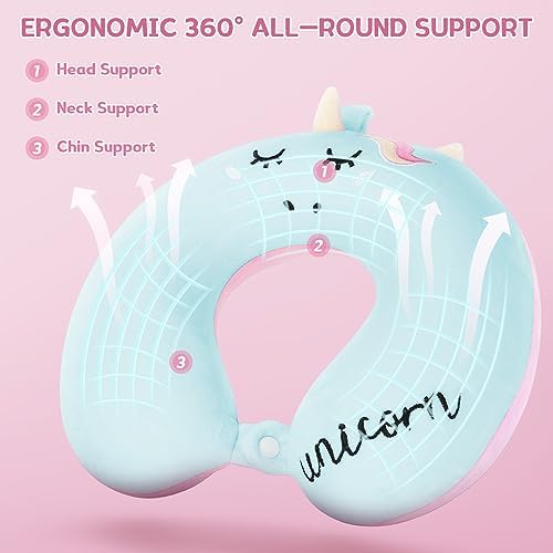 OBloved Memory Foam Toddler Neck Pillow with Unicorn Eye Mask for Travel