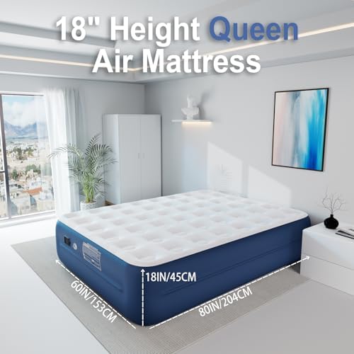 ultra- plush air mattress with 18 height cloud-like comfort and re- chargeable pump