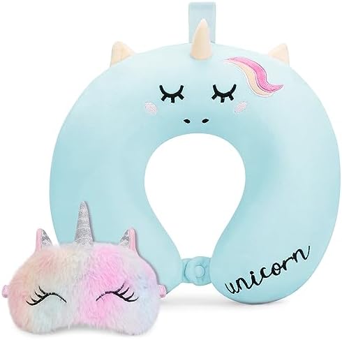 OBloved Memory Foam Toddler Neck Pillow with Unicorn Eye Mask for Travel