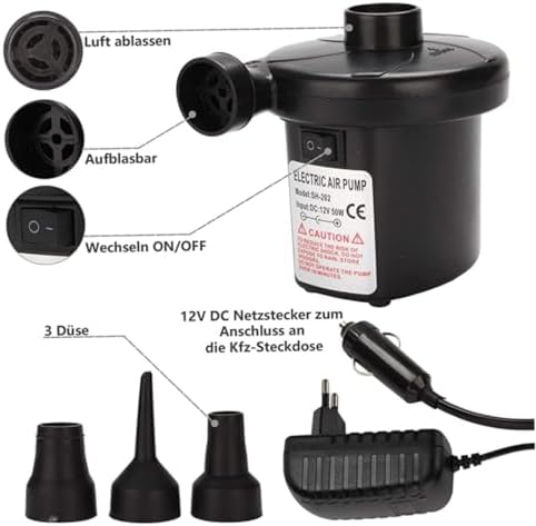 Electric Air Pump 2 in 1 Inflate Deflate with 3 Nozzles 230V12V