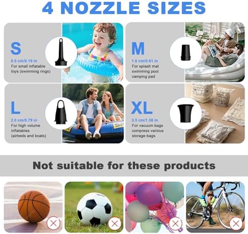 Quellindra Dual Use Portable Air Pump for Inflatables Camping Rechargeable Air Pump with 4 Nozzles LED Camping Light