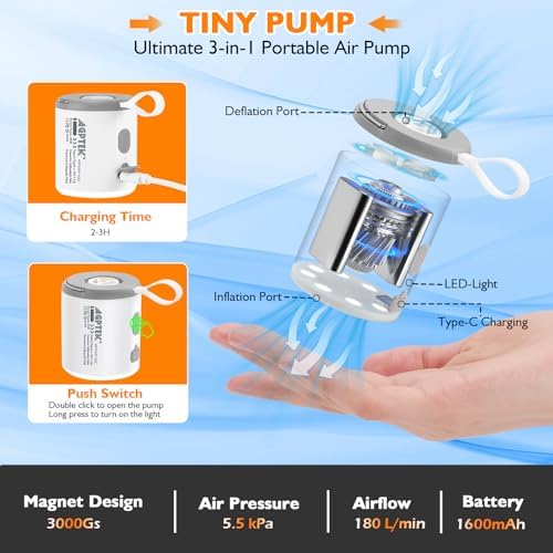 AGPTEK Mini Rechargeable Cordless Air Pump with LED Light for Camping Hiking and More