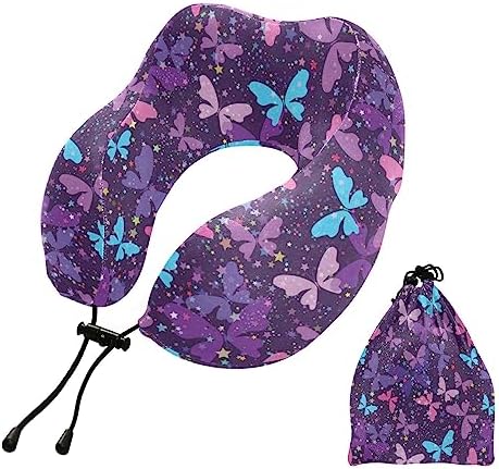 Wusikd Travel Pillow with Butterflies Memory Foam Purple Neck Pillow for Travel Sleep Office