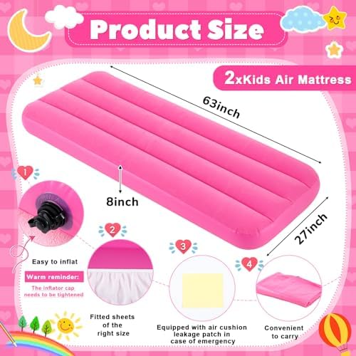 Windyun Kids Air Mattress - Pink for Kids 63x27x8 inches 2 Set for Camping