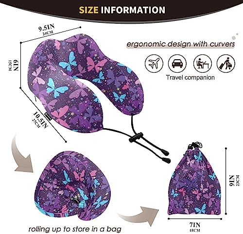 Wusikd Travel Pillow with Butterflies Memory Foam Purple Neck Pillow for Travel Sleep Office