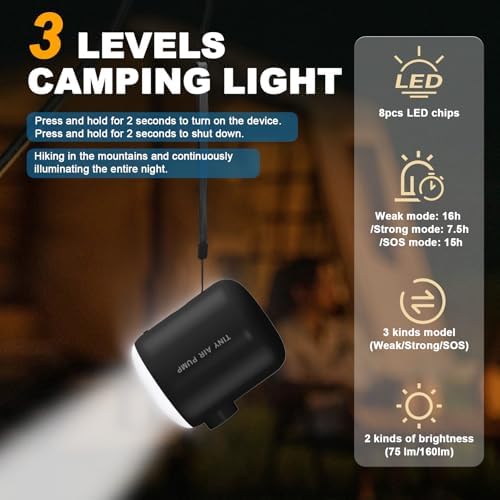 Quellindra Dual Use Portable Air Pump for Inflatables Camping Rechargeable Air Pump with 4 Nozzles LED Camping Light