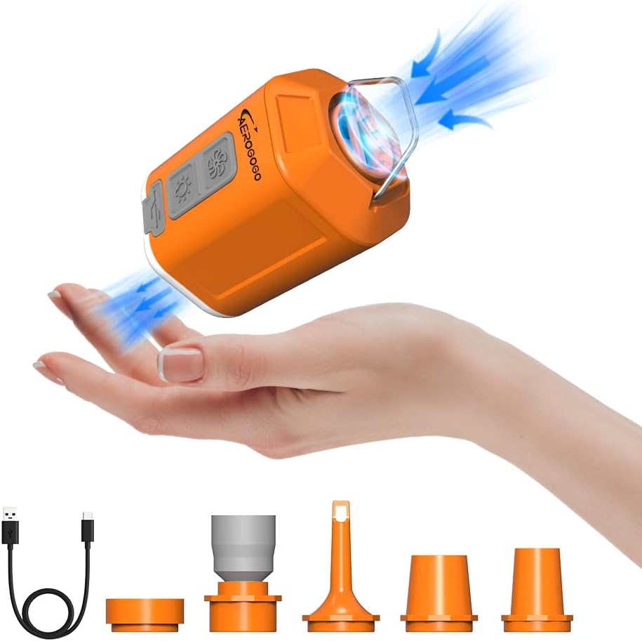 GIGA 42 kPa compact rechargeable camping air pump IPX4 dustproof with 5 nozzles ideal for hiking and travel