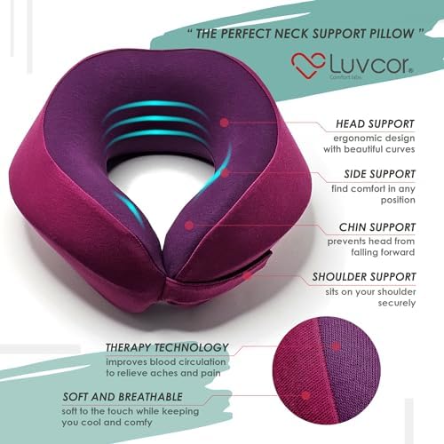 Luvcor Premium Memory Foam Neck Pillow Bundle with Eye Mask and Earplugs - Royal Pink