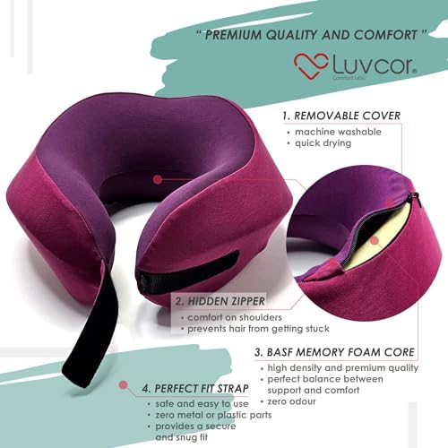 Luvcor Premium Memory Foam Neck Pillow Bundle with Eye Mask and Earplugs - Royal Pink