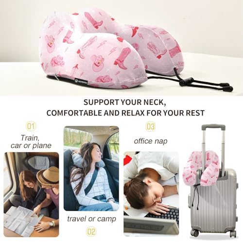 Gredecor Travel Pillow Retro Cowgirl Boots Memory Foam Adjustable Neck Pillow for Flight Car Office