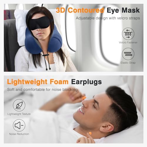Airline Neck Pillow Set 3-Piece 360-Degree Memory Foam Pillow for Travel Car Plane Home Reduces Neck and Head Pressure