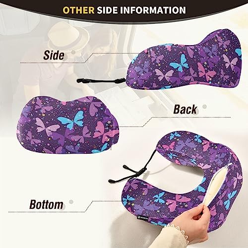 Wusikd Travel Pillow with Butterflies Memory Foam Purple Neck Pillow for Travel Sleep Office