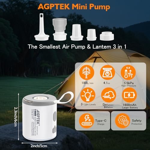 AGPTEK Mini Rechargeable Cordless Air Pump with LED Light for Camping Hiking and More