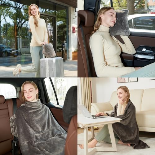 Premium 2-in-1 Travel Blanket Soft Travel Pillow for Plane Car Office Gray