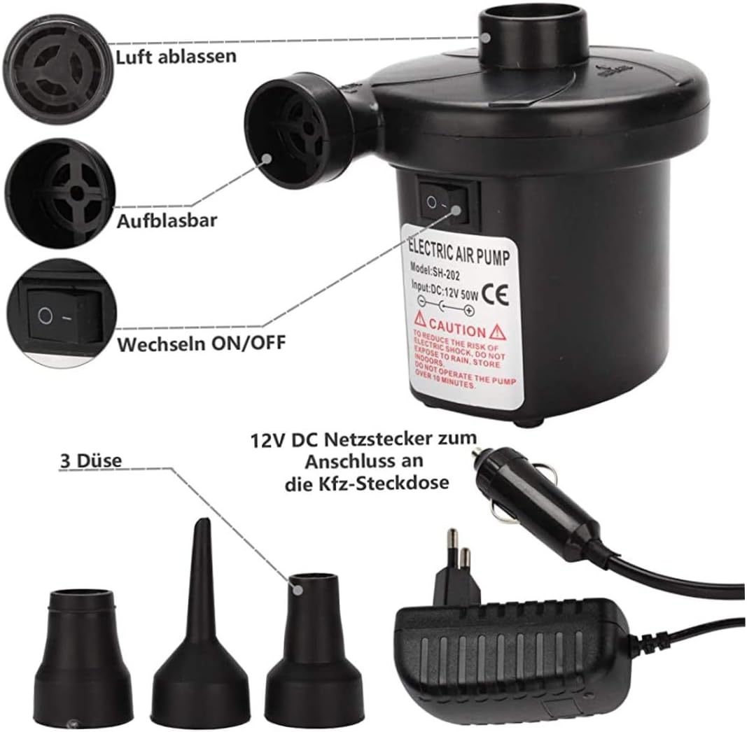 Electric Air Pump 2 in 1 with 3 Nozzles 230V12V for Inflatable Mattress Boat Sofa