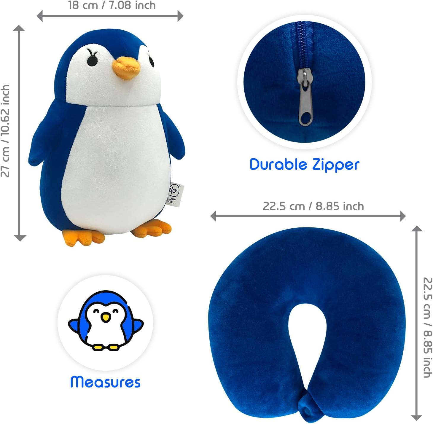 BelkVilo Small Compact Airplane Car Stroller Travel Pillow with Cute Penguin Plush for Kids Age 3
