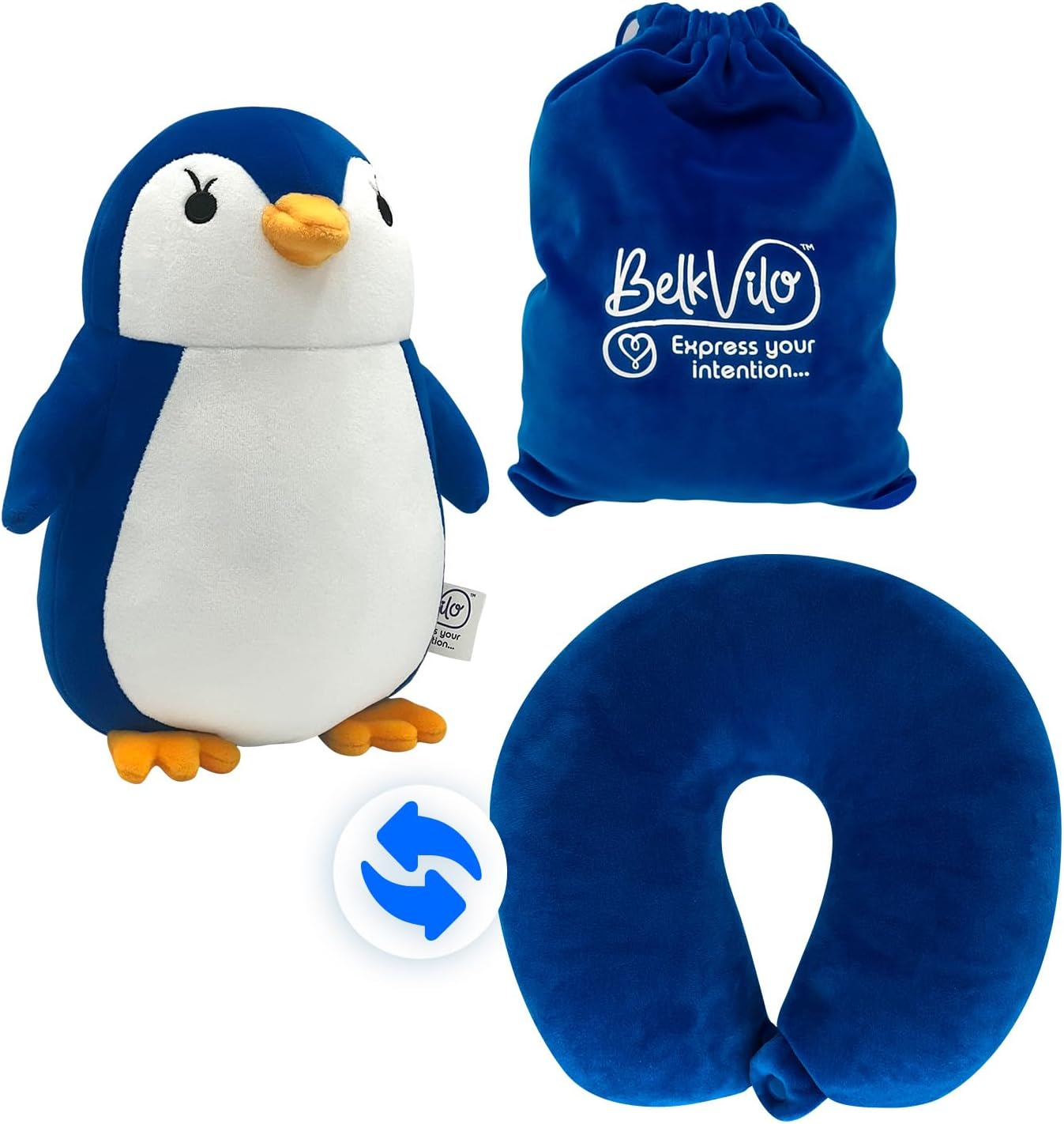 BelkVilo Small Compact Airplane Car Stroller Travel Pillow with Cute Penguin Plush for Kids Age 3