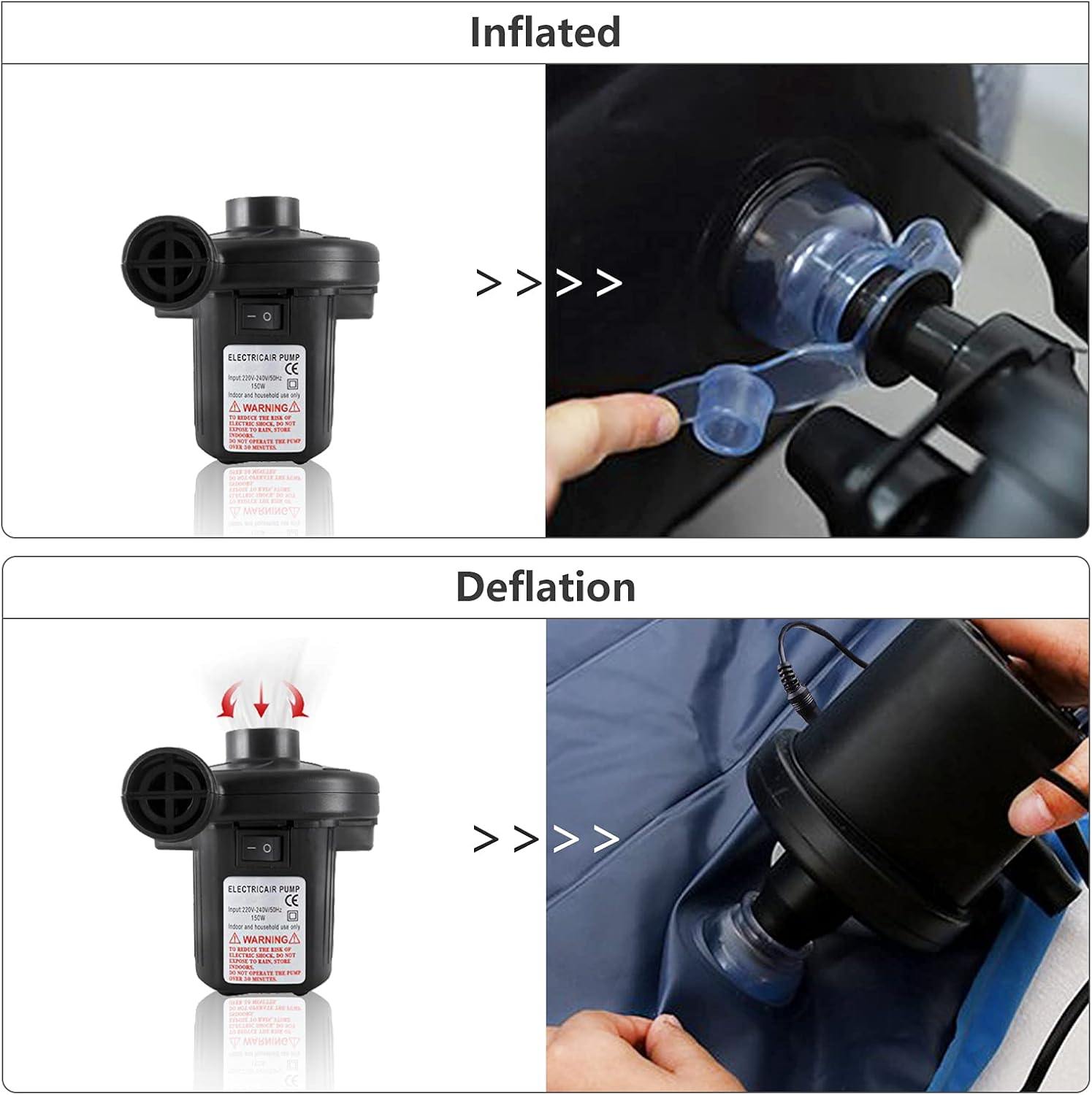 Electric Air Pump for inflatable boat pool and air mattress - 110V 3 nozzles quick inflate and durable