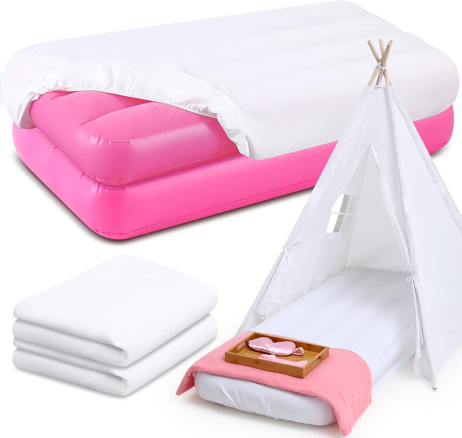 Windyun Kids Air Mattress - Pink for Kids 63x27x8 inches 2 Set for Camping