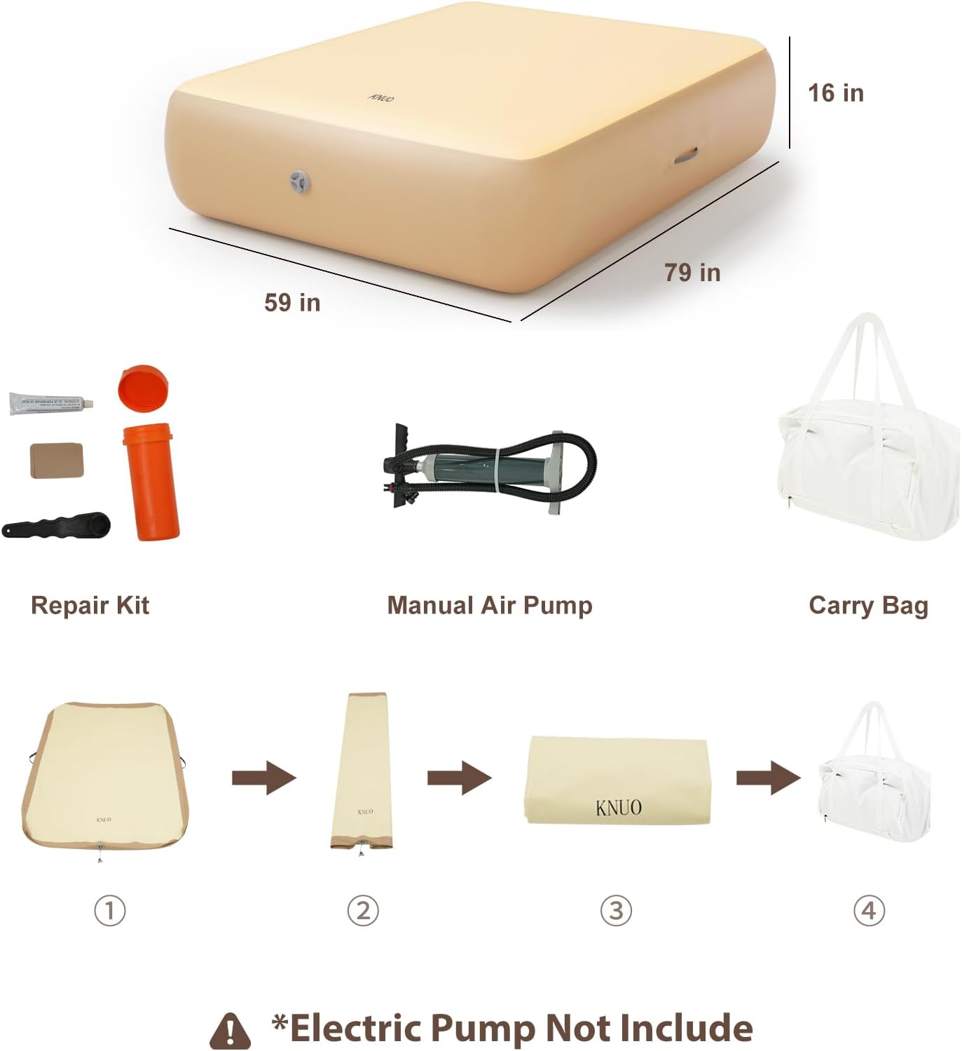 KNUO Queen Air Mattress 1000lbs Support 16in Thick 30-Day Use Luxury flat comfort inflation bed camping and home guests