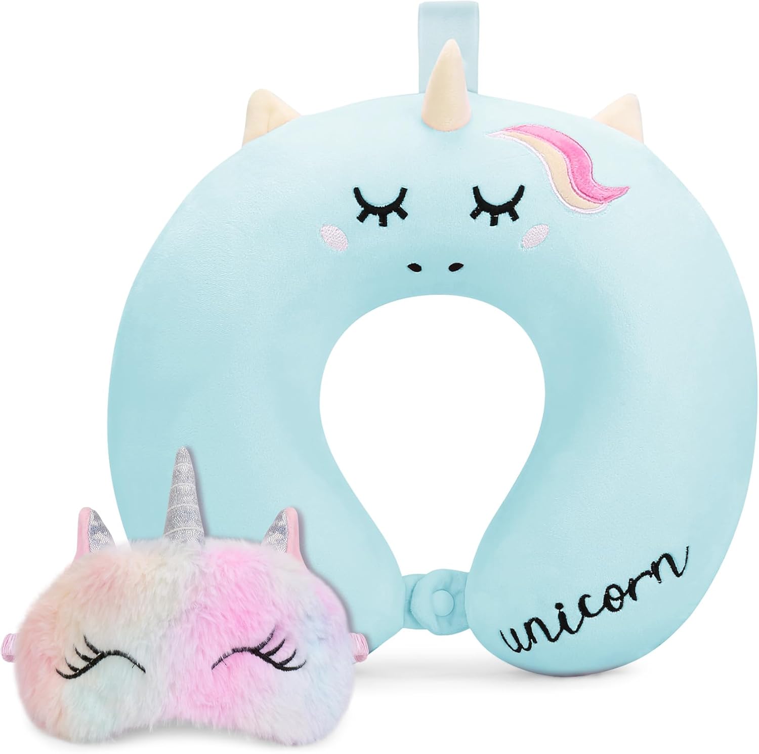 OBloved Memory Foam Toddler Neck Pillow with Unicorn Eye Mask for Travel