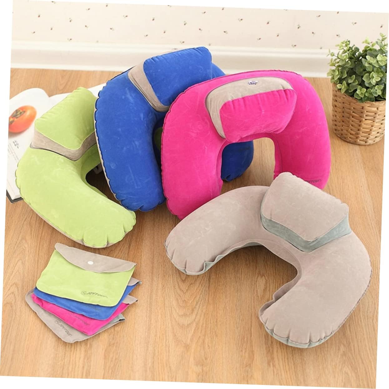 2pc Travel Neck Pillow with Hood Inflatable Memory Foam Pillow for Car Plane Outdoor