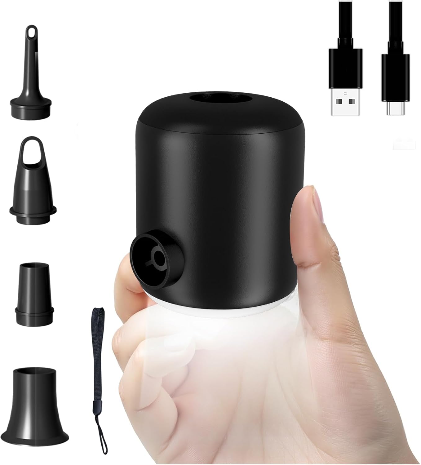 Quellindra Dual Use Portable Air Pump for Inflatables Camping Rechargeable Air Pump with 4 Nozzles LED Camping Light