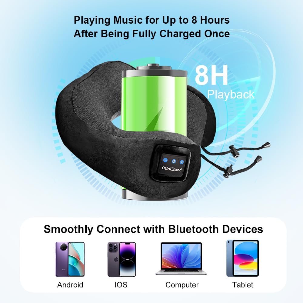 Contoured Memory Foam Neck Pillow with Bluetooth Headphones for Travel Comfort