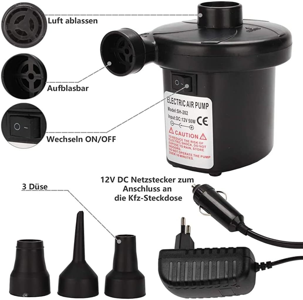 Electric Air Pump 2-in-1 with 3 Nozzles 230V 12V Multi-Freiburgger for Inflatable Mattresses Boats