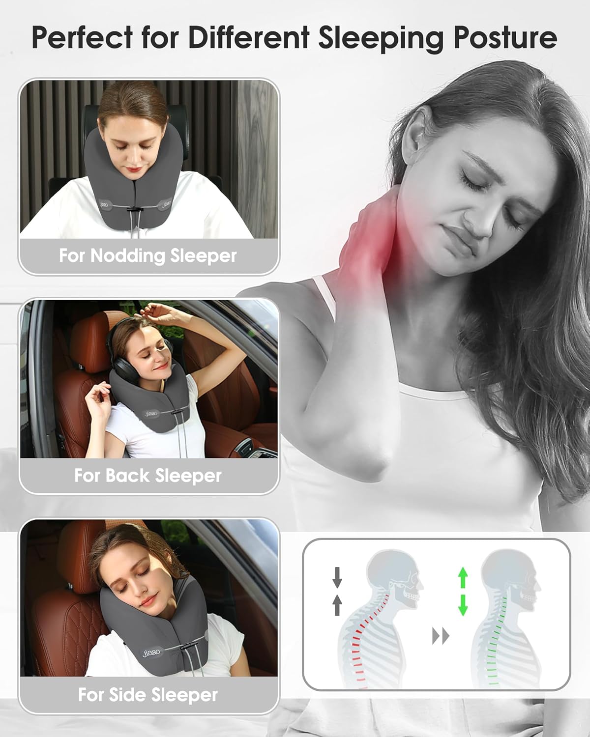 JIAAO Travel Essential Memory Foam Neck Pillow 360 Support Airplane Car Train and Bus Trips