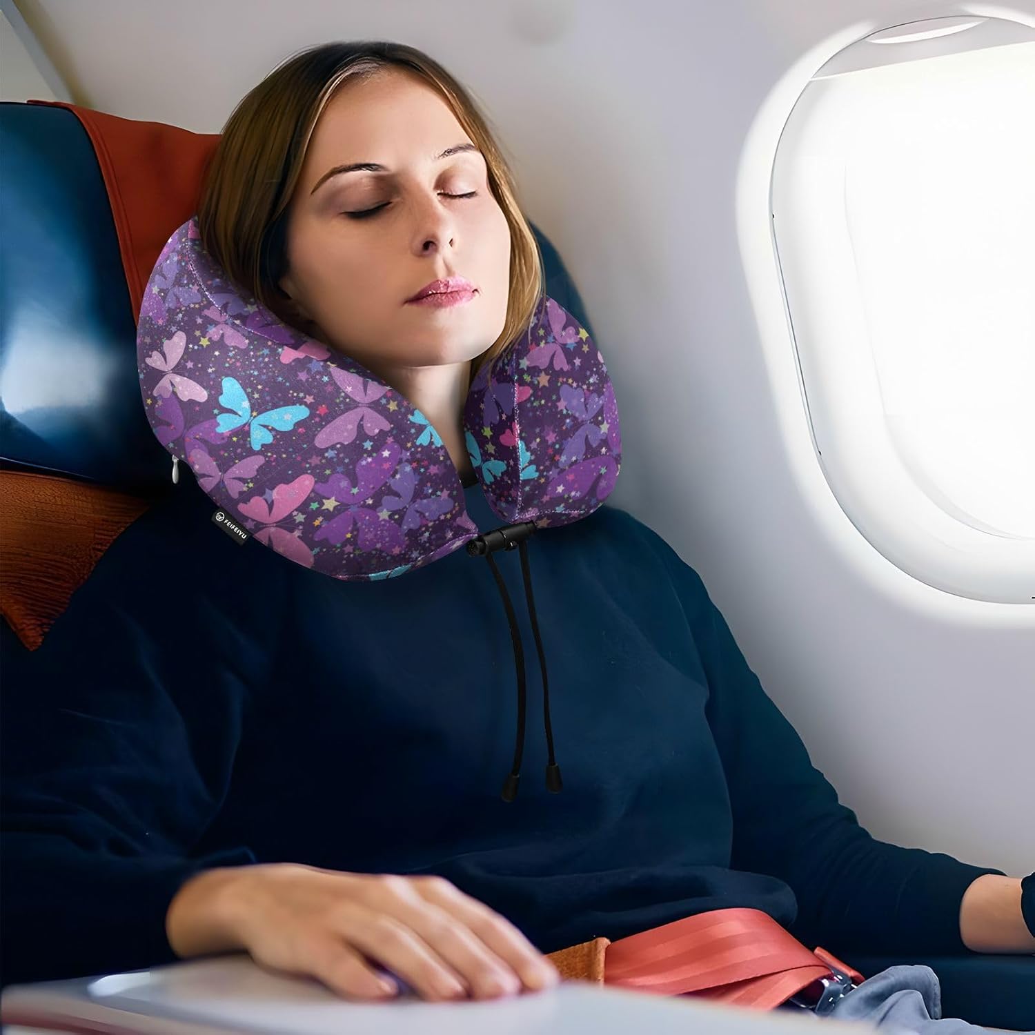 Wusikd Travel Pillow with Butterflies Memory Foam Purple Neck Pillow for Travel Sleep Office