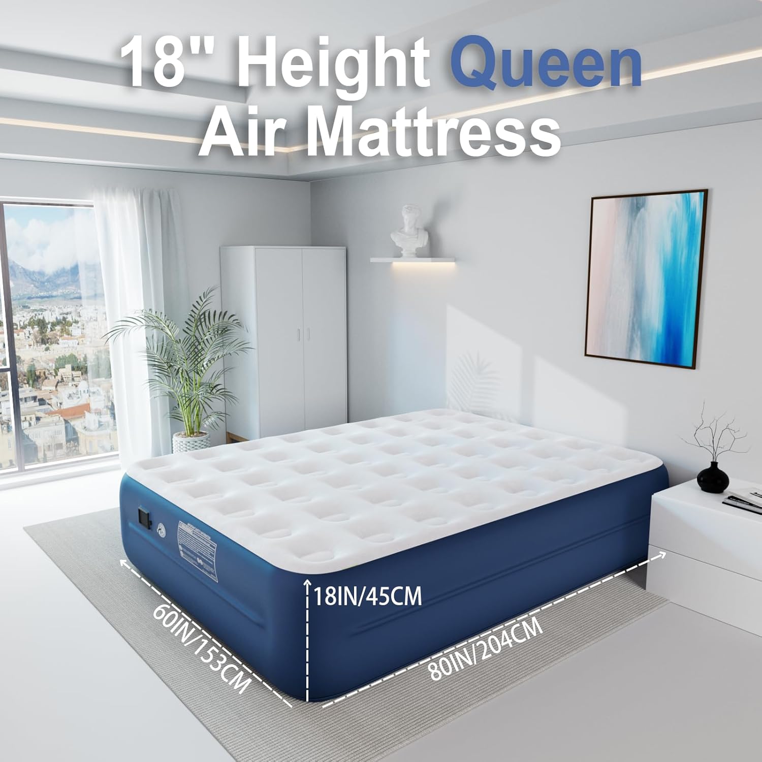 ultra- plush air mattress with 18 height cloud-like comfort and re- chargeable pump