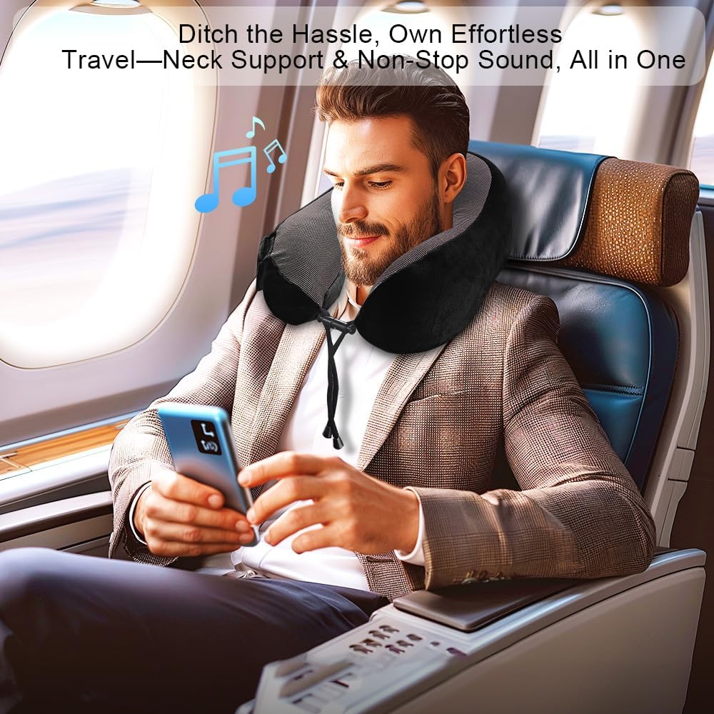 Contoured Memory Foam Neck Pillow with Bluetooth Headphones for Travel Comfort