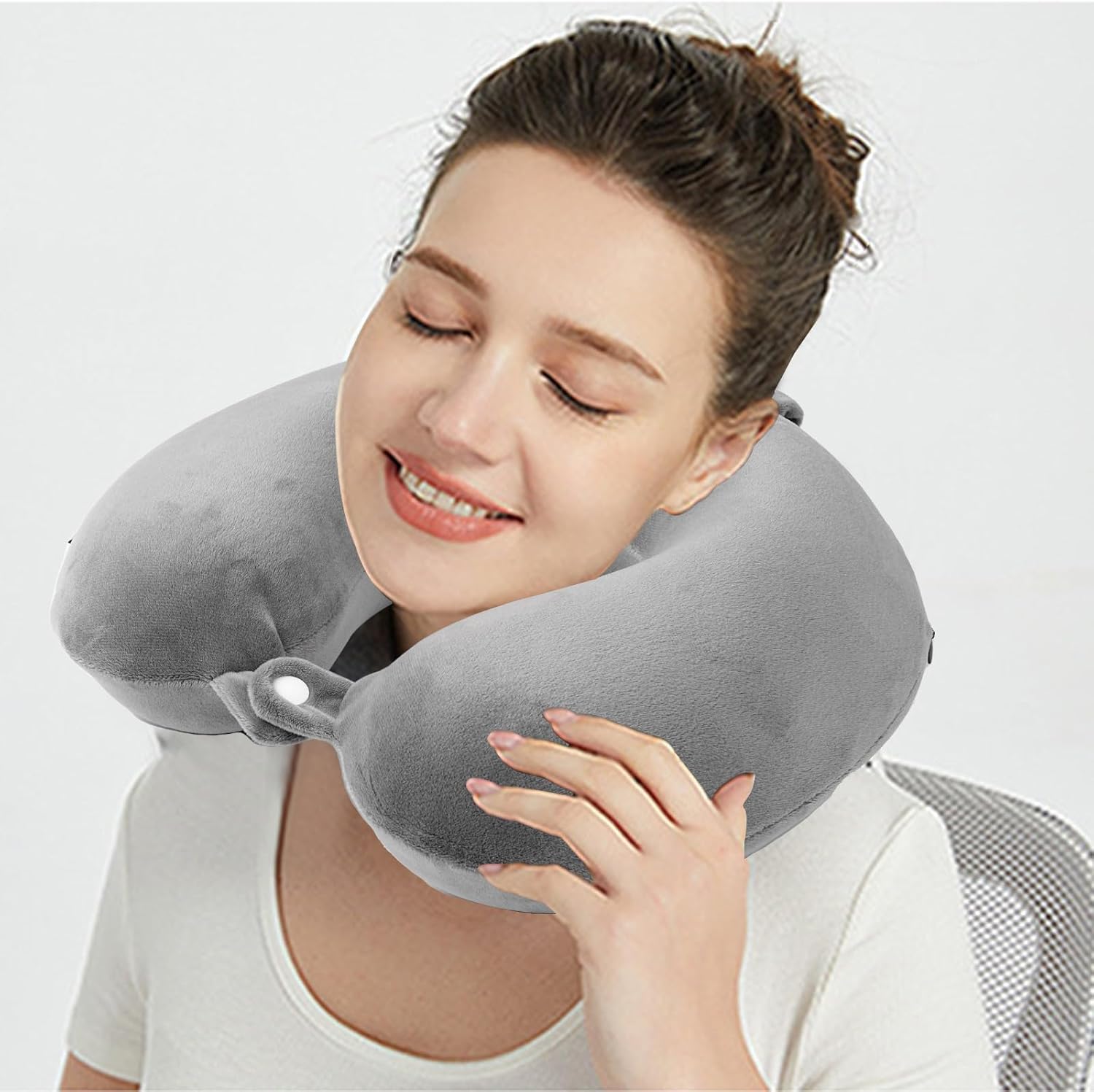 Nikou Memory Foam Travel Pillow for Airplanes Neck Support with Attachable Snap Strap and Washable Cover