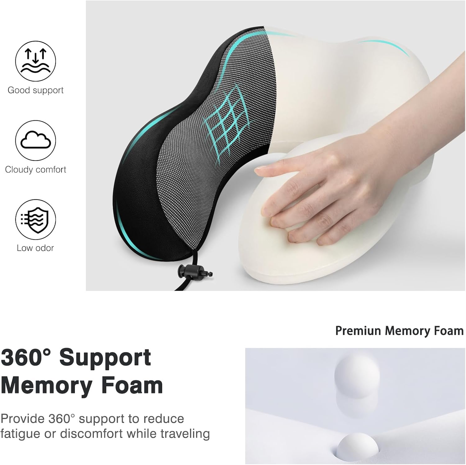 Airline Neck Pillow Set 3-Piece 360-Degree Memory Foam Pillow for Travel Car Plane Home Reduces Neck and Head Pressure