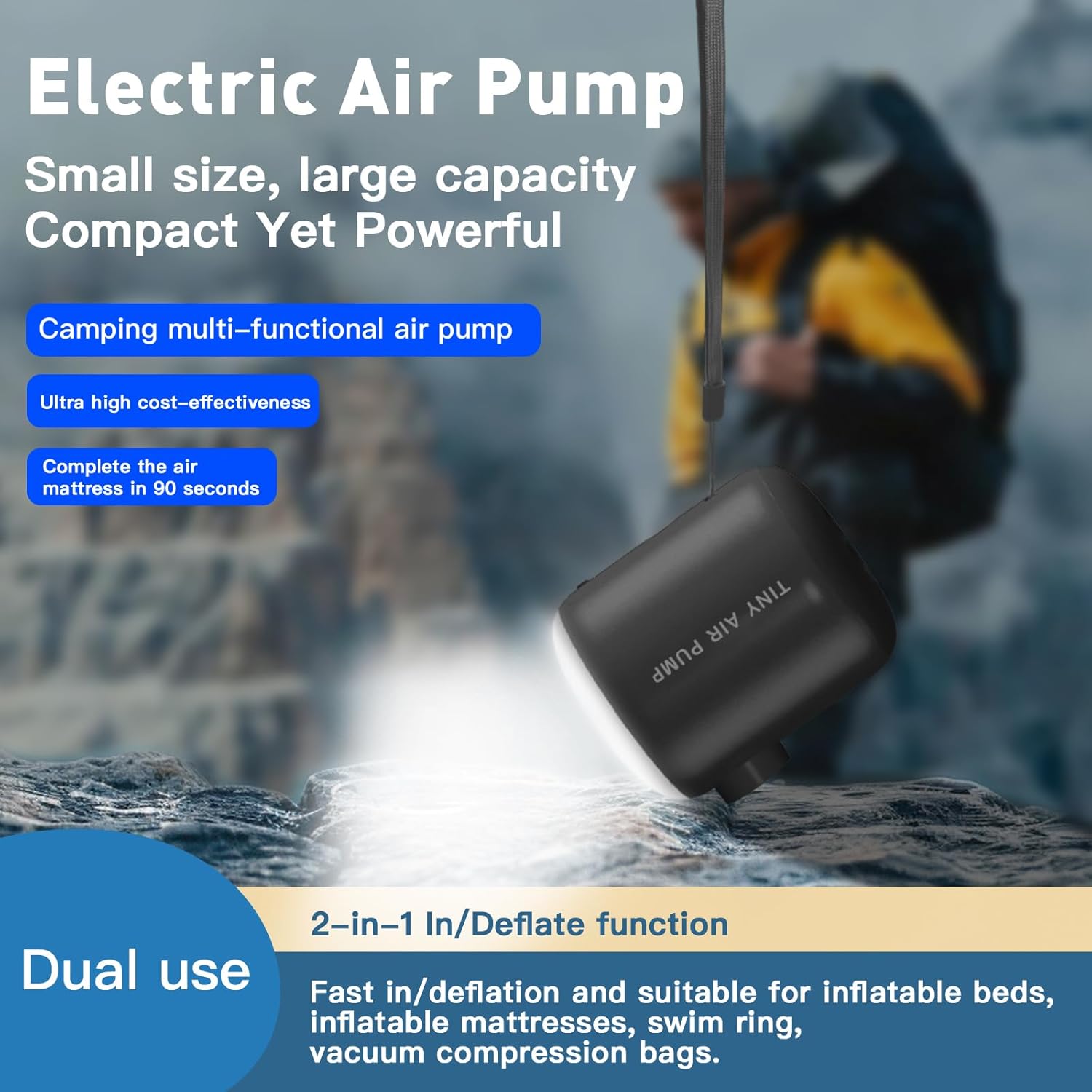 Quellindra Dual Use Portable Air Pump for Inflatables Camping Rechargeable Air Pump with 4 Nozzles LED Camping Light