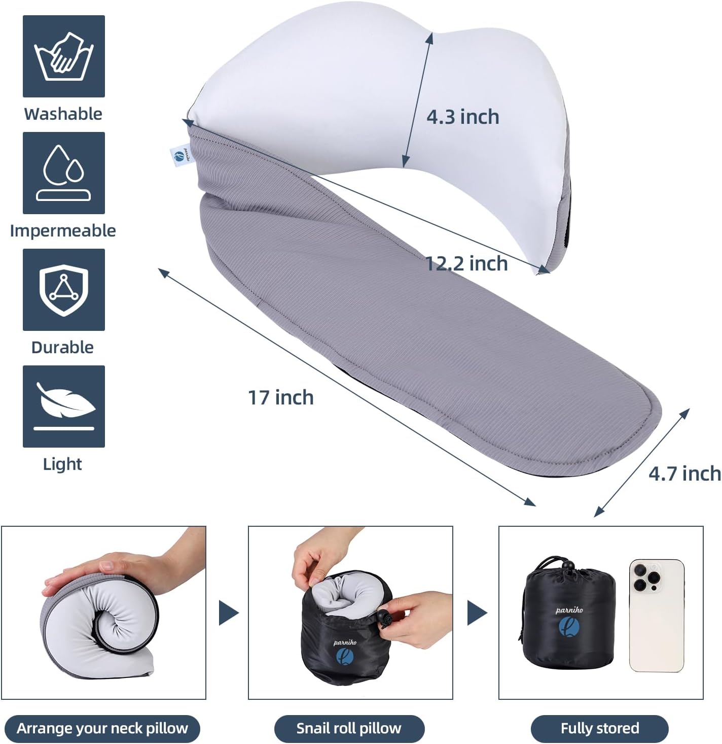 Parniho Comfort Neck Pillow - Ergonomic Travel Pillow with Eye Mask for Airplane and Car Use