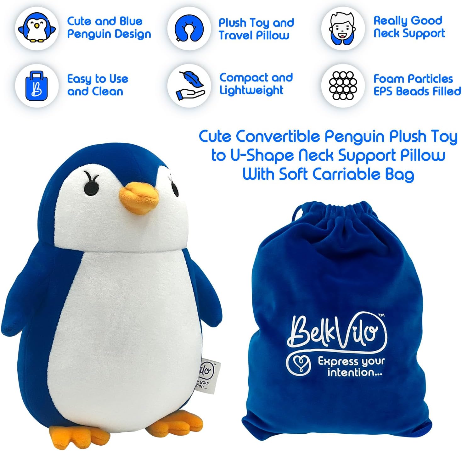 BelkVilo Small Compact Airplane Car Stroller Travel Pillow with Cute Penguin Plush for Kids Age 3